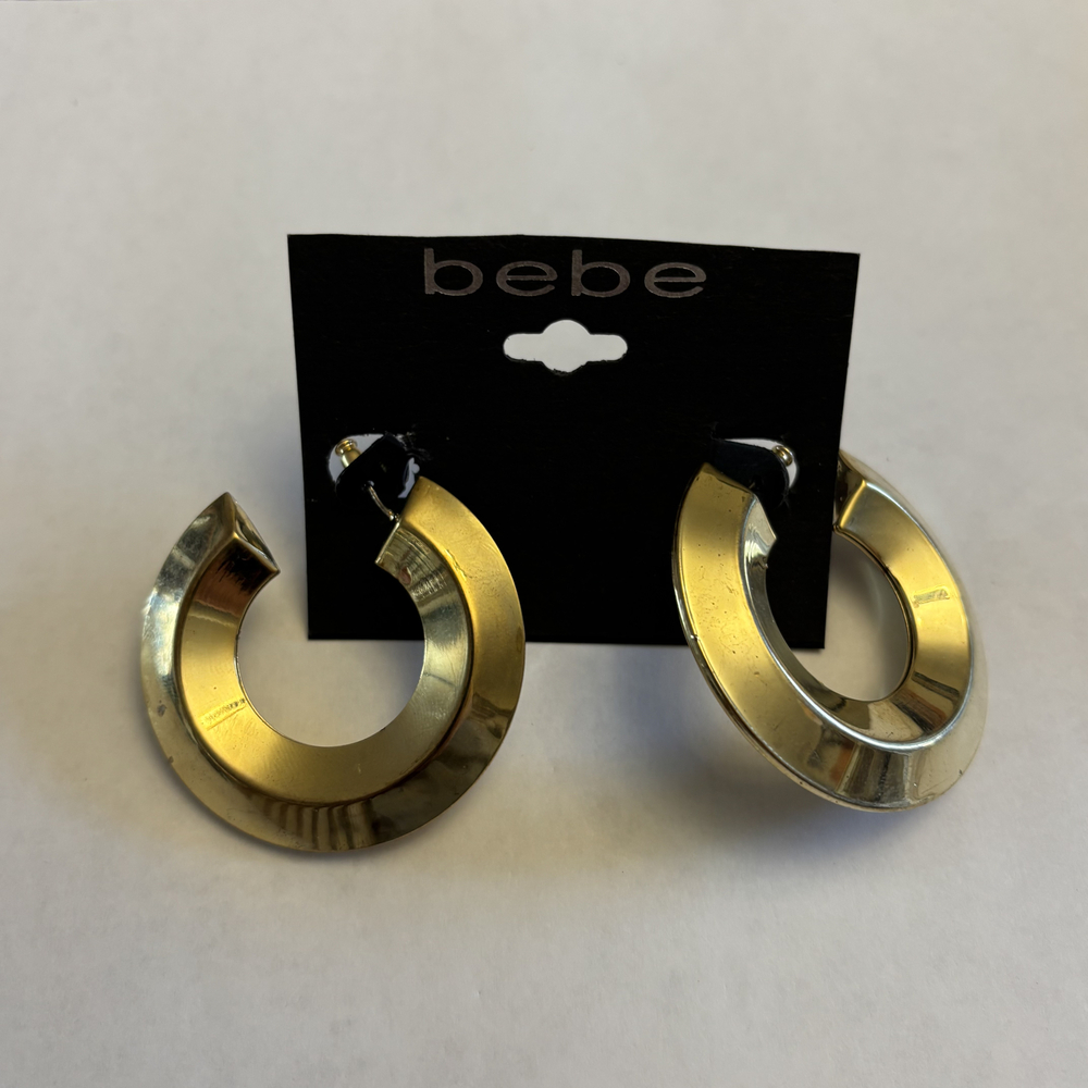Bebe Wide Polished Gold Tone Statement Open Hoop Earrings NWT